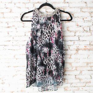 Jennifer Lopez Women’s XL Sleeveless Blouse Beaded Collar Animal Print